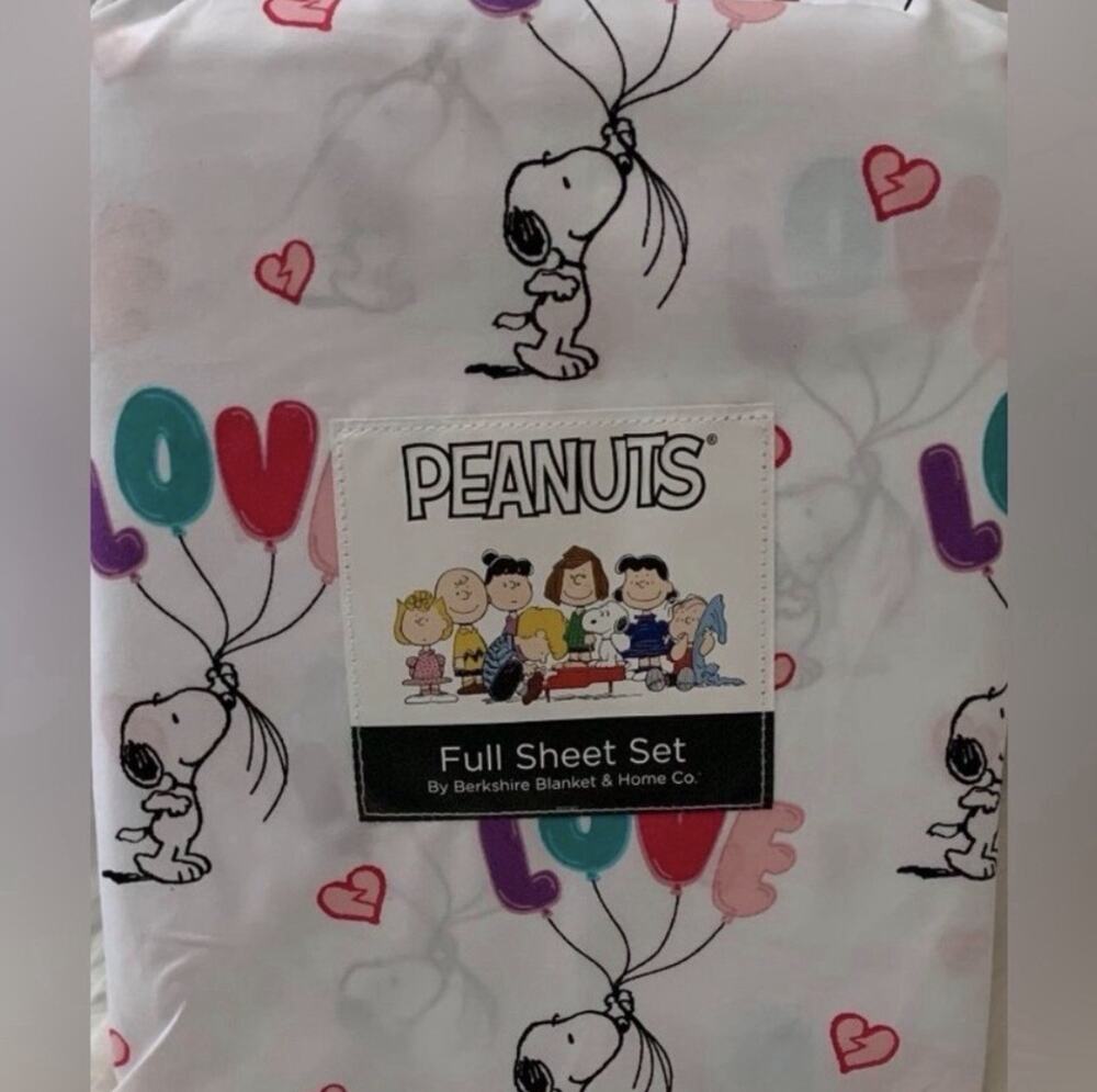 New! Berkshire Home Peanuts Snoopy LOVE BALLOONS Full Sheet Set Brushed White